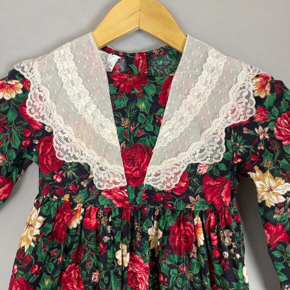 Vintage Christmas Dress Girl Child Lace Floral Long Sleeve Holiday Size 6X Kid - Picture 3 of 13